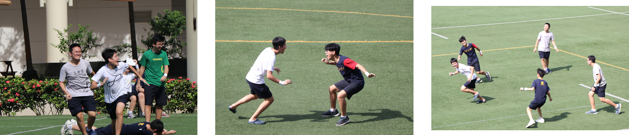 Three outdoor scenes of young men playing a field sport on green turf, running and defending against each other.